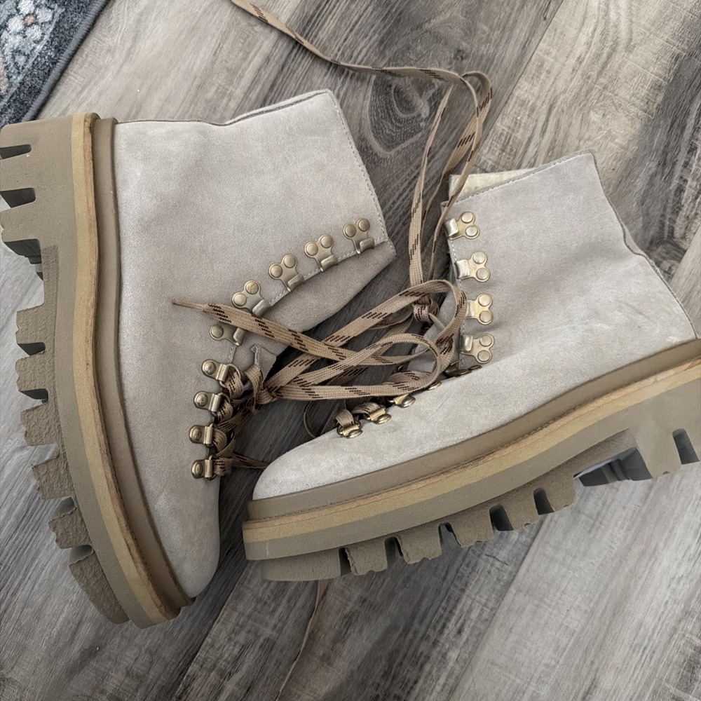 All Saints Wanda Women's Suede Shearling Leather Boots - Stone- Shoes US9 $389